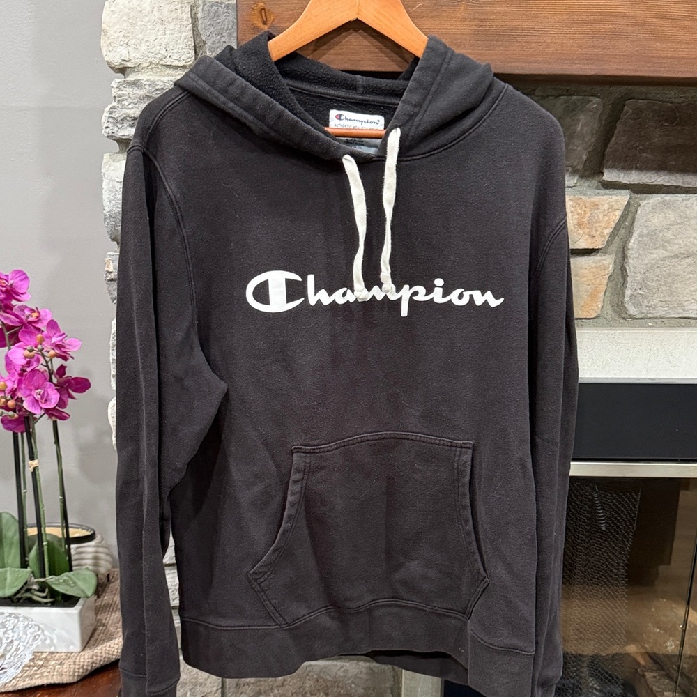 Champion Black Hoodie with White Logo